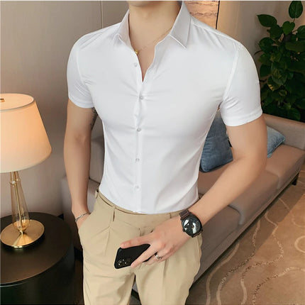 2025 Summer Ice Silk Seamless Shirt High Quality Silky Smooth Short Sleeve Slim Casual Business Tuxedo Shirts Mens Clothing 4XL