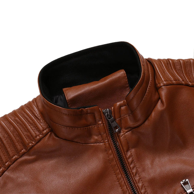 Spring and Autumn men's standing collar multi pocket leather jacket PU leather work clothes outdoor motorcycle riding clothes