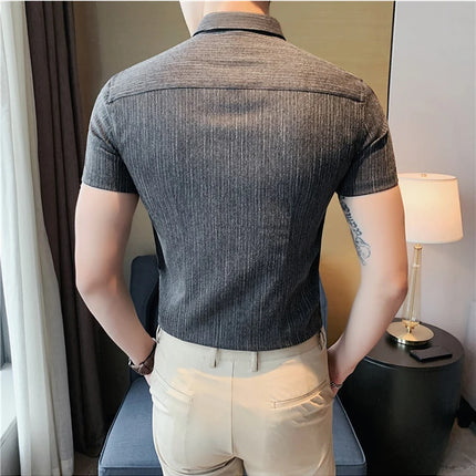 Plus Size 4XL-M Summer Mens Dark Striped Shirts Short Sleeve Fashion 2022 Korean Slim Casual Business Formal Wear Dress Blouse