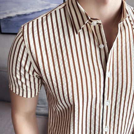 2025 Summer Fashion Vertical Striped Shirts Luxury Men's Short Sleeved Slim Fit Casual Pleated Business Shirt Men Clothing 4XL-M