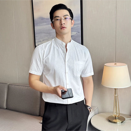 Summer New Chinese Style Linen Cotton Shirts Men's Standing Collar Short Sleeved Thin Breathable Shirt Tops Streetwear 4XL-M