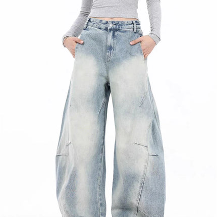Summer Women's Light Blue Curved Wide Legs Baggy Jeans Vintage Trousers Cool Girl Bottoms Female High Waist Denim Pants