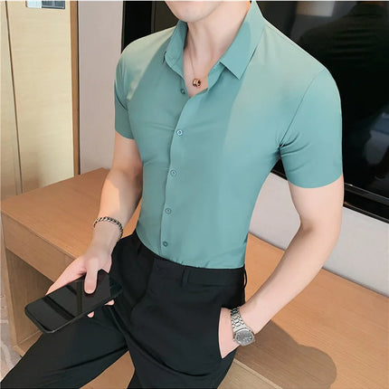 6 Colors Summer Ice Silk No Trace High Elasticity Shirt Men High Quality Short Sleeve Slim Fit Casual Business Dress Shirt 4XL-M