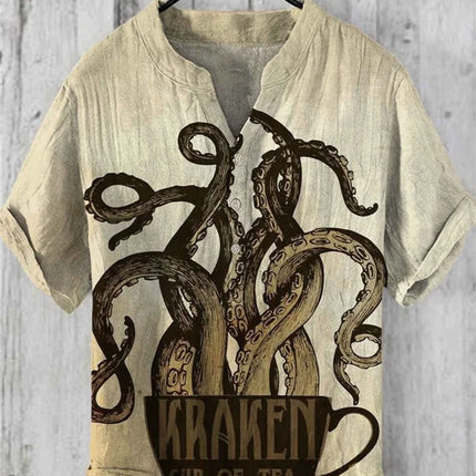 Cross-border foreign trade men's summer 3D printed octopus print shirt casual loose linen short-sleeved shirt T-shirt