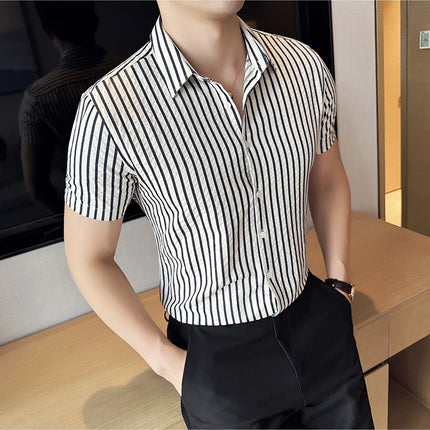 2025 Summer Fashion Vertical Striped Shirts Luxury Men's Short Sleeved Slim Fit Casual Pleated Business Shirt Men Clothing 4XL-M