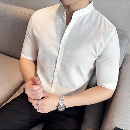 2024 Summer New Chinese Style Linen Shirts Men's Half sleeve Stand-Up Collar Linen Cotton Business Casual Slim Versatile Shirts