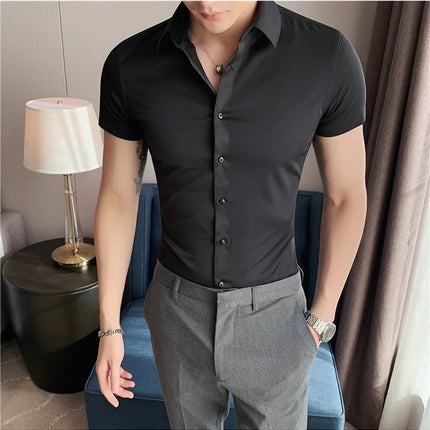 Summer Men Fashion Casual Short Sleeve Solid Shirt Super Slim Fit Male Social Business Dress Shirt Brand Men Casual Dress Blouse