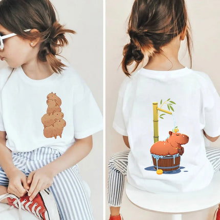 Kawaii Capybara Lovers Kids T-Shirt Short-Sleeved White T-Shirts Cartoon Tees Summer Children Top Crew Neck Children's Clothing