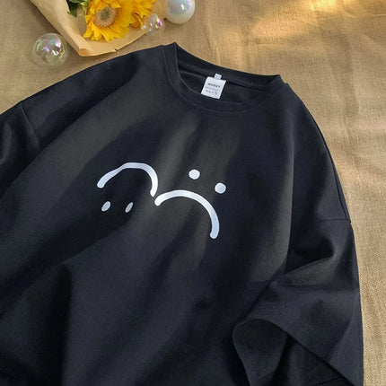 Cotton T-Shirts For Women Summer Short Sleeve Clothing Smile Printing Tops Female Streetwear Ladies Y2K Solid Color Tees