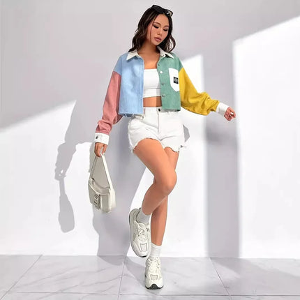 2024 Spring Summer Thin Loose Casual Velvet Color Block Short Jacket Women's Fashion Outerwear Versatile Lightweight Top