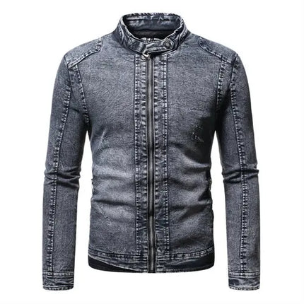 Blue Standing Collar Denim Jacket Men's, Fashion Casual Jacket, Black Gray Overcoat Male Outerwear M L XL XXL XXXL