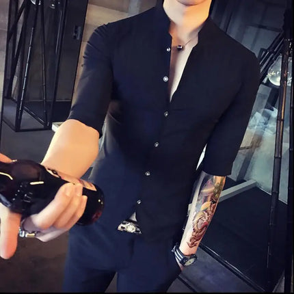 2024 Summer Fashion Stand Collar Chinese Style Shirt Men Solid Color Slim Fit Half Sleeve Dress Shirts Designer Club Prom Shirt