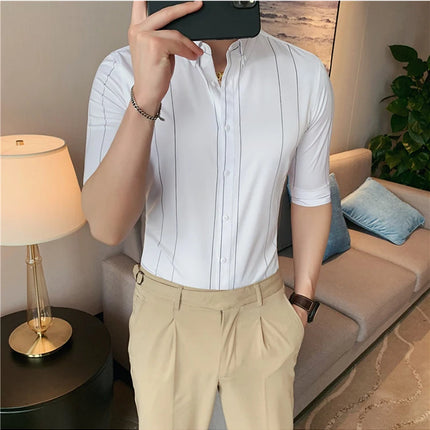 Black/White Summer Half Sleeve Striped Shirts Men 2023 Fashion Business Slim Fit Casual Blouse Social Tuxedos Plus Size 5XL-M