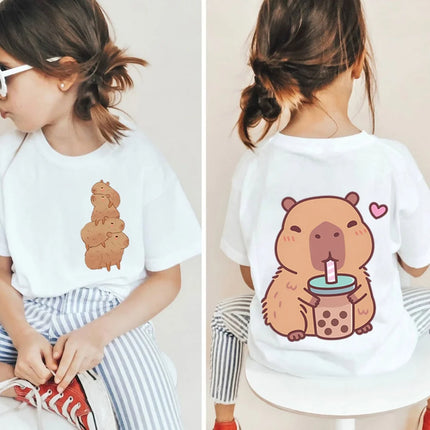 Kawaii Capybara Lovers Kids T-Shirt Short-Sleeved White T-Shirts Cartoon Tees Summer Children Top Crew Neck Children's Clothing