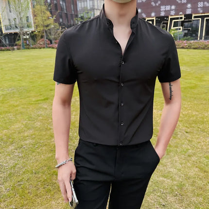 Men's Summer Fashion Stand Collar Business Casual Short Sleeve Shirt Luxury Slim Fit Solid Dress Shirt Brand Men Clothes 5XL-M