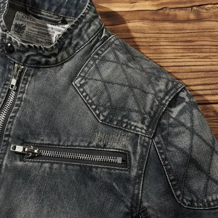Luxury retro standing collar denim jacket for men's spring and autumn trendy brand loose oversized motorcycle jacket cotton