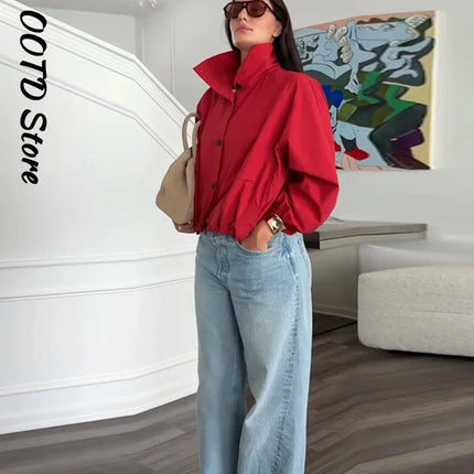 Casual Red Zipper Short Bomber Jacket Women Stand Collar Full Sleeve Button Pocket Coat 2025 Autumn Lady Chic Street Outwear New