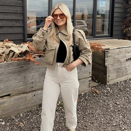 Vintage Women's Short Jacket Pockets Zipper Full Sleeve Khaki Green Thick Coats 2025 Spring Autumn Lady Loose Street Outwear