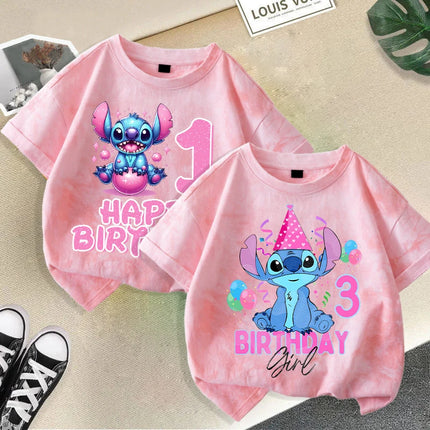 Disney Stitch Tie-dye T-shirts for Children Anime Cartoon Number Printed Short Sleeved Shirt Boys Girls Summer Fashion Top Gifts