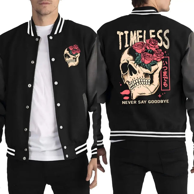 Timeless Never Say Goodbye Flower Skull Printing Men Baseball Uniform Autumn Fashion Clothes Fleece Loose Jacket Hip Hop Jackets