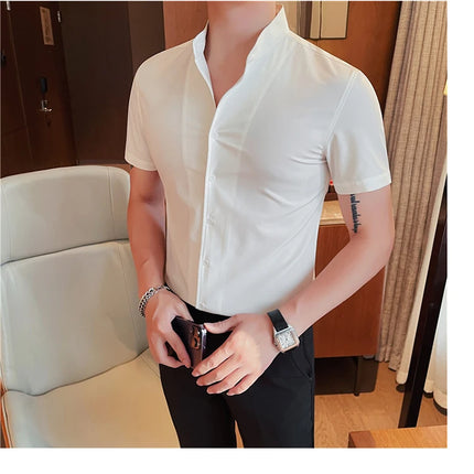 Men's Summer Fashion Stand Collar Business Casual Short Sleeve Shirt Luxury Slim Fit Solid Dress Shirt Brand Men Clothes 5XL-M