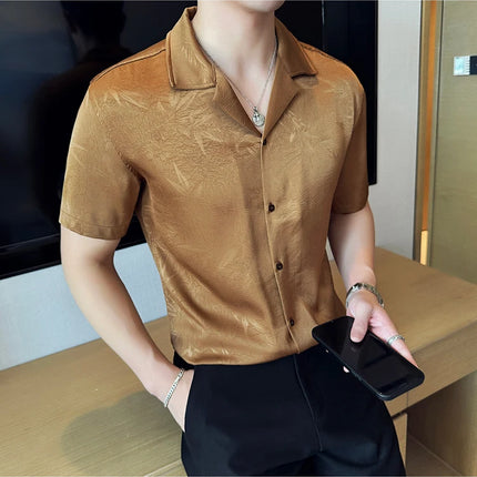 New Chinese Jacquard Shirt Luxury Men Elegant Print Slim Fit Casual Prom Social Shirts High Quality Summer Short Sleeved Tuxedo