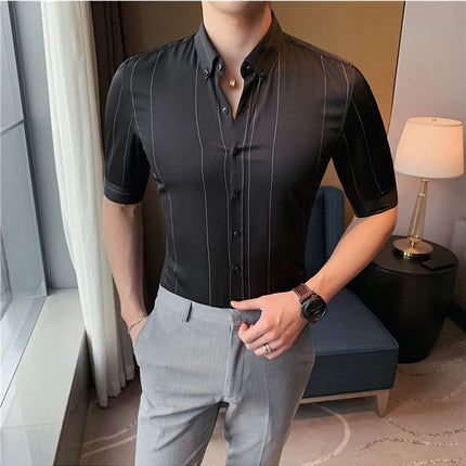 Black/White Summer Half Sleeve Striped Shirts Men 2023 Fashion Business Slim Fit Casual Blouse Social Tuxedos Plus Size 5XL-M