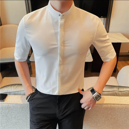 Summer New Standing Collar Half Sleeve Shirts For Men Invisible Button Up Design Slim Casual Business Social Shirt Club Outfits