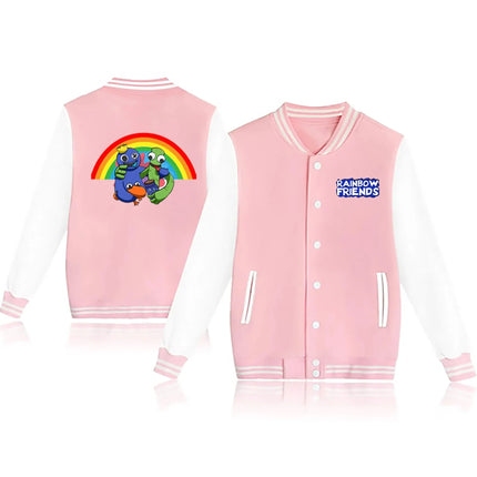 Rainbow Friends Printed Fleece Baseball Jacket European Size round Neck Loose Fit Women's Jacket Rainbow Colorful Outerwear