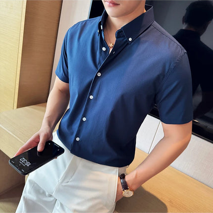 Plus Size 4XL-M High Quality Bamboo Fiber Fabric Dark Stripes Shirts Men Summer Slim Fit Casual Thin Breathable Social Shirt