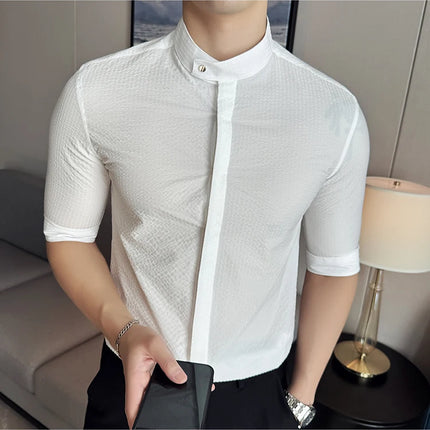 New Chinese Style Stand Up Collar Slim Fit Half Sleeved Shirts Men High Quality Striped Elegant Shirt Summer Social Party Dress