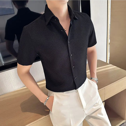 2023 Summer Waffle Short Sleeved Shirt Men Fashion Casual Solid Color Lapel Loose Shirt Male Korean Social Business Dress Blouse