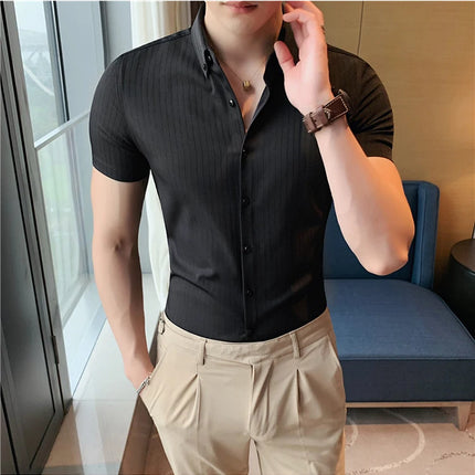 Plus Size 4XL-M Summer Mens Dark Striped Shirts Short Sleeve Fashion 2022 Korean Slim Fit Casual Business Formal Wear Blouse