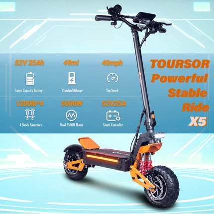 TOURSOR X5 Adult Electric Scooter 2500W*2 Dual Motor Electric Scooter 52V 26AH 11-inch Road Tires City Electric Scooter