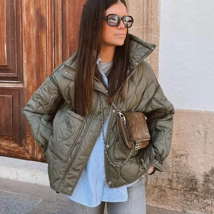 ETJ23traf new quilted cotton coat women's large pocket decorative stand collar drawstring adjustable clip cotton coat