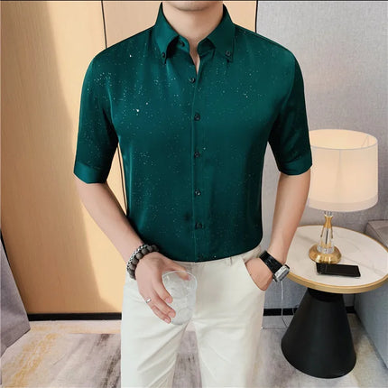 Summer New Powder Shiny Shirts Fashion Men's V-neck Half Sleeve Slim Fit Casual Shirts Social Personality  Top Club Outfits