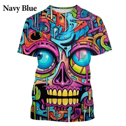 Colorful Street Graffiti Hip Hop Cool Skull 3D Printed Crew Neck T-shirt Personalized Men's Fashion Casual T-shirt Short Sleeve