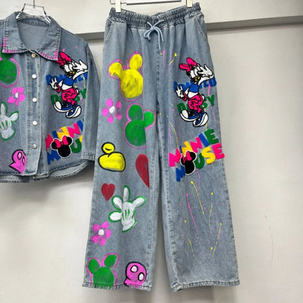 2025 Spring New Women's Beautiful Cartoon Graffiti Coat Heavy Industry Denim Jacket Straight Thin Wide-leg Pants Two-pieces Sets