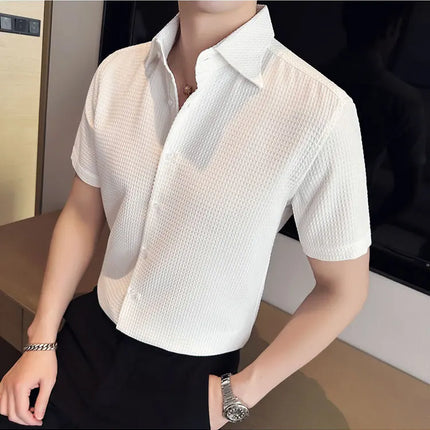 2023 Summer Waffle Short Sleeved Shirt Men Fashion Casual Solid Color Lapel Loose Shirt Male Korean Social Business Dress Blouse