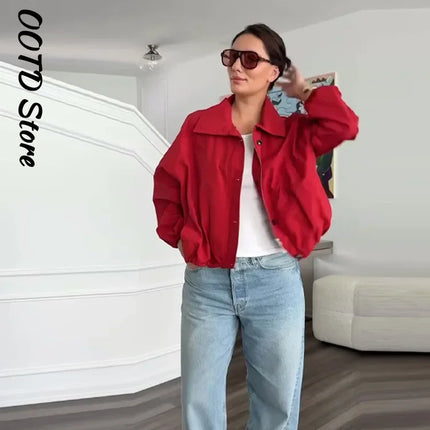 Casual Red Zipper Short Bomber Jacket Women Stand Collar Full Sleeve Button Pocket Coat 2025 Autumn Lady Chic Street Outwear New