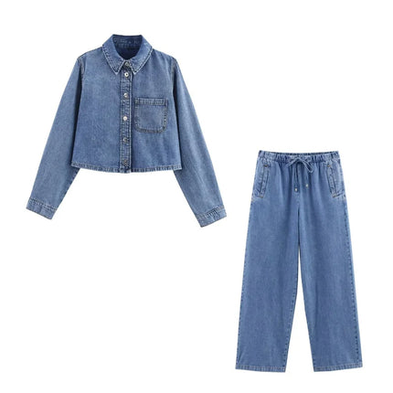 Spring Women's Suit Short Denim Shirt Jacket High Waist Department With Wide Leg Pants 2025 Casual Jacket Jeans 2-piece Set