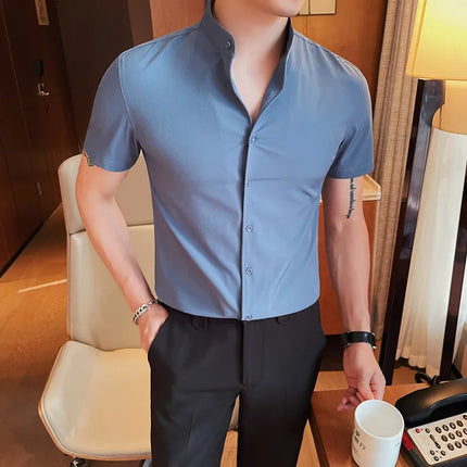 Men's Summer Fashion Stand Collar Business Casual Short Sleeve Shirt Luxury Slim Fit Solid Dress Shirt Brand Men Clothes 5XL-M