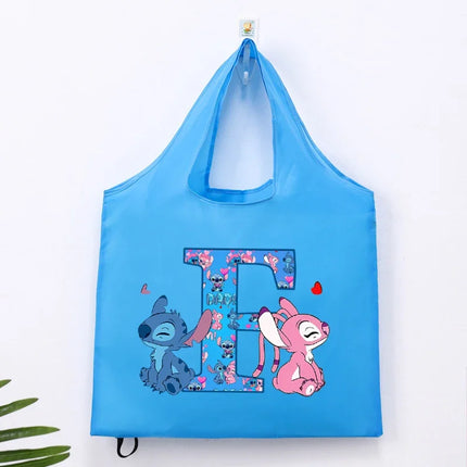 Disney Stitch Foldable Shopping Bag for Women Men High-capacity Reusable Handbags Cartoon Letter A-Z Printing Portable Tote-bags