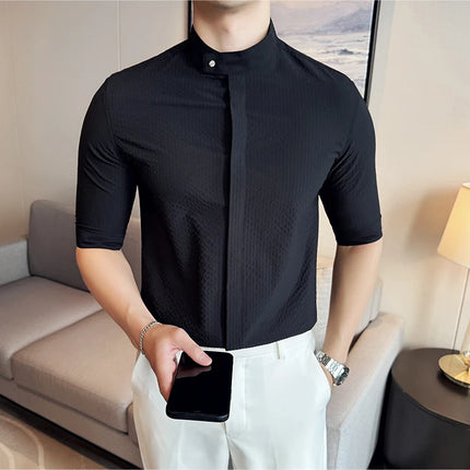 New Chinese Style Stand Up Collar Slim Fit Half Sleeved Shirts Men High Quality Striped Elegant Shirt Summer Social Party Dress