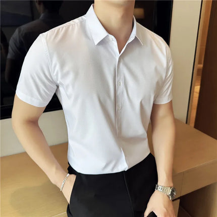 High Quality Ice Silk Elastic Jacquard Shirts 2024 Summer New Men Casual Short Sleeved Slim Fit Business Versatile Shirt 4XL-M