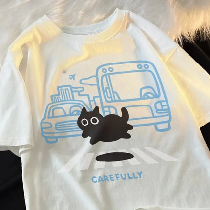 Crossing The Road Cat Cute Cartoon Black Cat Summer Woman Tee Shirt Fitting Soft Leisure Breathable Pleasure Comfort Tops