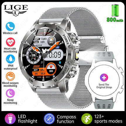 LIGE New 800mAh Super Capacity Battery Men Smart Watch 1.53" HD Bluetooth Call Compass LED Flashlight IP68 Sports Smartwatch Man