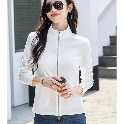 New Women's Zippered Stand Collar Jacket Slim Fit Long Sleeve Cotton Solid Color Casual Outerwear