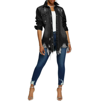 Women Jeans Jackets Spring Summer Ripped Denim Vintage Casual Denim Jacket Long Sleeve Female Chic Coat Streetwear 2024