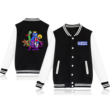 Rainbow Friends Printed Fleece Baseball Jacket European Size round Neck Loose Fit Women's Jacket Rainbow Colorful Outerwear
